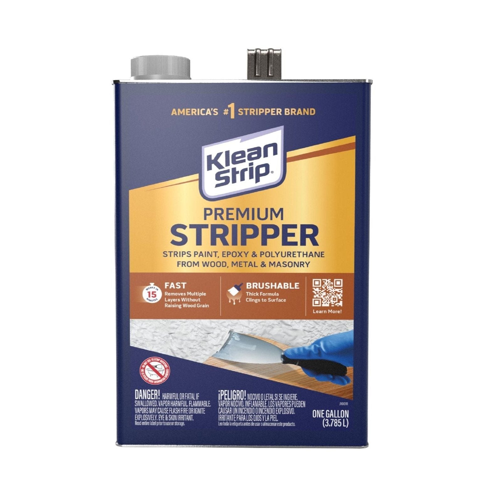 The KLEAN STRIP GKPS300 Premium Paint and Varnish Stripper, in a one-gallon metal can, features a high-performance formula. The label indicates it removes paint, epoxy, and polyurethane from wood, metal, and masonry. An image shows someone stripping multiple paint layers with a tool.